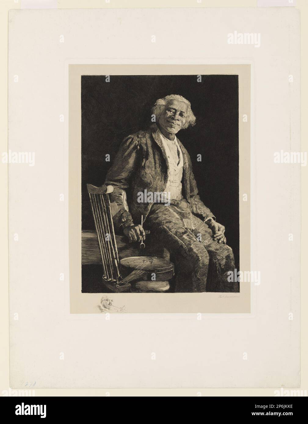 Thomas Hovenden, Mann mit Banjo und Pipe (das war Good Ole Times), 1885, Ätzen auf cremefarbenem, gewobenem Kinn auf dickem, elfenbeinfarbenem, gewebtem Papier. Stockfoto