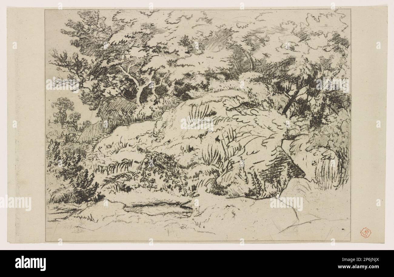Nach Théodore Rousseau, Landschaftsdetail, Heliogravur auf cremefarbenem Papier. Stockfoto