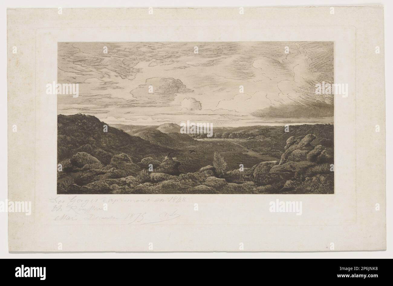 Nach Théodore Rousseau, Landschaft mit Vogel, Heliogravur auf Creme Chine Collé, auf elfenbeinfarbenem gewebtem Papier. Stockfoto