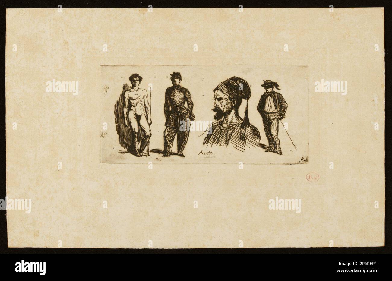 Auguste Raffet, Blatt mit Skizzen (Planche de Croquis), 1857, Ätzen in schwarzer Tinte auf cremefarbenem Papier. Stockfoto