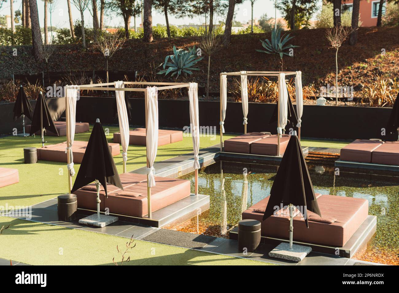 Ein idyllischer natürlicher Pool mit Liegestühlen im Freien, die in warmen Erdtönen gehalten sind und sich nahtlos in die üppige Umgebung von Bäumen und Boden einfügen Stockfoto