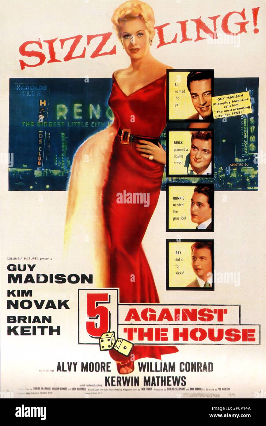 1955 : der FILM NOIR 5 AGAINST THE HOUSE von Phil Karlson mit Kim NOVAK , GUY MADISON und Brian Keith , Aus einem Roman von Jack Finney - FILM - KINO - Poster pubblicitario - Poster - Werbung - locandina - DIVA - DIVINA - GÖTTLICH - VAMP - FEMME FATAL - --- Archivio GBB Stockfoto