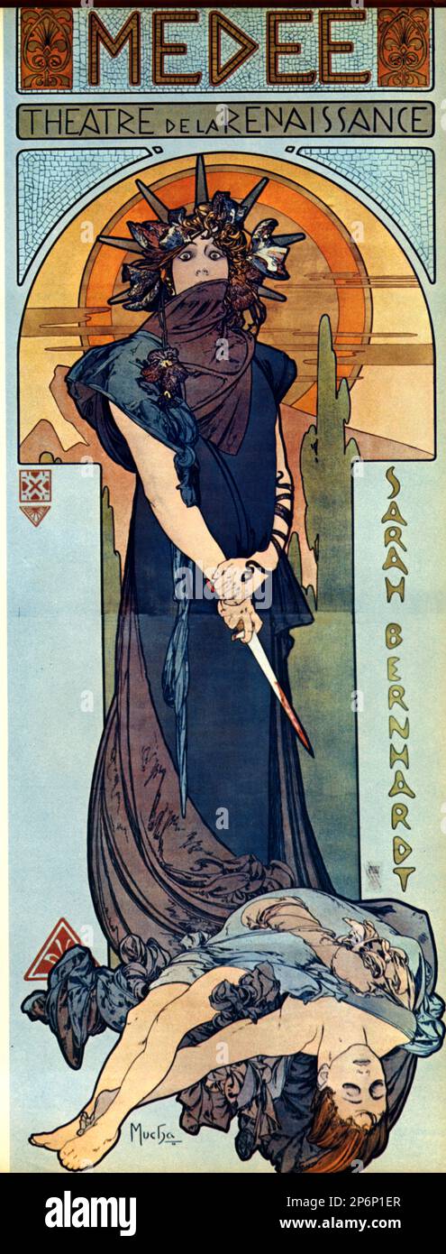 Die berühmteste französische Theaterdarstellerin SARAH BERNHARDT in MEDEE ( MEDEA ) im Theatre de La Renaissance , Poster von ALFONS MUCHA ( 1860 - 1939 ) - attrice - TEATRO - THEATER - DIVA - DIVINA - VAMP - BELLE EPOQUE - Liberty - ART NOUVEAU --- Archivio GBB Stockfoto