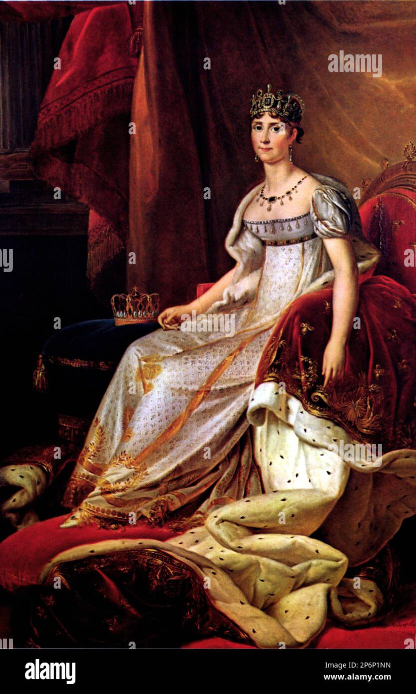 1799 Ca : JOSEPHINE de BEAUHARNAIS , Ehefrau von NAPOLEONE i BONAPARTE . Portrait von Josephine im Krönungskleid ( entworfen vom Maler David ) des französischen Malers LEFEVRE , Musée Malmaison , Frankreich - ADEL - NOBILI - NOBILTA' - REALI - KÖNIGE - Napoleon - Buonaparte - profilo - Profil - Spitze - pizzo - colletto - Kragen - Giuseppina - Bijoux - Schmuck - Juwelen - gioiello - gioielli - Orechino - Orechini - Ohrringe - Ohrtropfen - Chignon - corona - Krone - Diadema - Tiara - collana - Halskette - mantello - Mantel - Ermellino - Hermelin - Scollatura - Decollete' - Ausschnitt - Hals Stockfoto