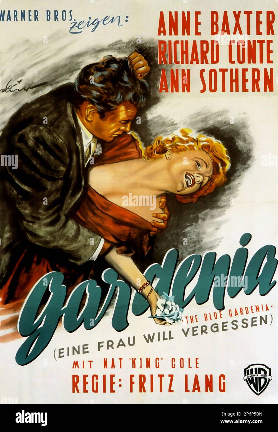 1953 : der FILM NOIR THE BLUE GARDENIA ( Gardenia blu ) von FRITZ LANG mit ANNE BAXTER , RICHARD CONTE und Ann Sothern , aus einer Geschichte von Vera Caspary . Deutsche Filmposterausgabe - FILM - KINO - Poster pubblicitario - Poster - Werbung - locandina - DIVA - DIVINA - GÖTTLICH - VAMP - FEMME FATAL - --- Archivio GBB Stockfoto