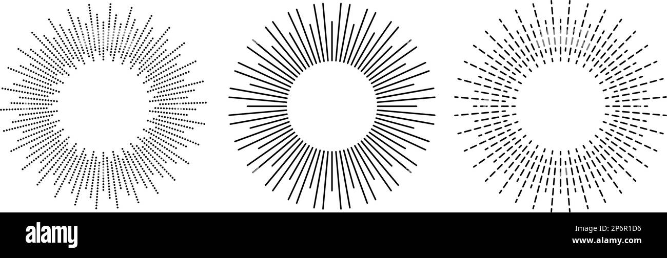 Sunburst-Rahmen eingestellt. Elementsammlung für Retro-Sonnenlicht. Retro-Radialstrahlen, Sonnenstrahlen, Feuerwerk oder Explosion für Emblem, Logo, Anhänger, Stempel, Banner. Vektorkonstruktionselemente Stock Vektor