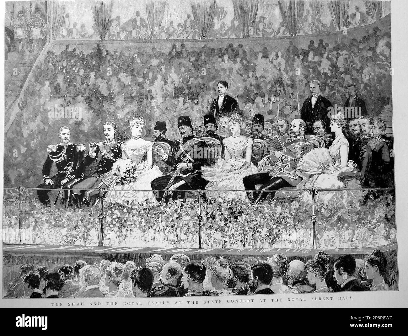 1889 , GROSSBRITANNIEN : der König des Iran NASIR AD-DIN Qajar ( 1831 - 1896 ) war vom 17. September 1848 bis zu seinem Tod am 1. Mai 1896 der Schah von Persien. Er war ein Sohn von Mohammad Shah Qajar. In dieser eingravierten Illustration des Magazins DIE GRAFIK , der Schah , auf seiner Europareise in der Royal Albert Hall, London mit dem Furchtkönig von England EDWARD VII ( Sohn von Königin Victoria ) Und die Königin Alexandra und die königliche britische Familie - PERSIEN - RE - POLITICA - POLITIC - foto Storiche - foto storica - Portrait - Rituto - Baffi - Schnurrbart - Hut - cappello - Piume - Federn Stockfoto
