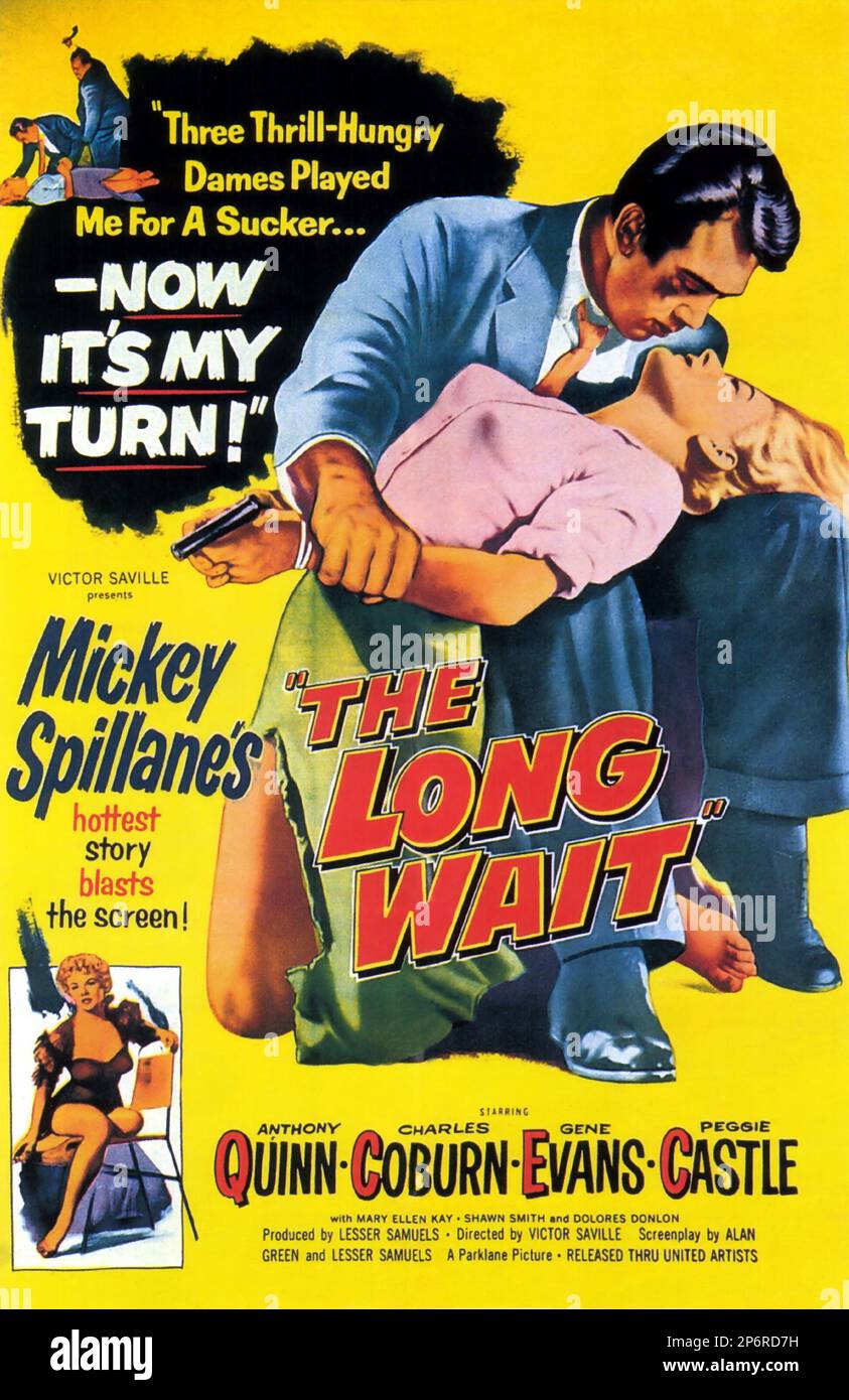 1954 : der FILM NOIR THE LONG WAIT von Victor Saville mit Anthony Quinn , Charles Coburn , Gene Evans und Peggie Castle, Aus einem Roman von MICKEY SPILLANE - FILM - KINO - Poster pubblicitario - Poster - Werbung - locandina - DIVA - DIVINA - GÖTTLICH - VAMP - FEMME FATAL - umarmen - abbraccio - Kuss - bacio ---- Archivio GBB Stockfoto