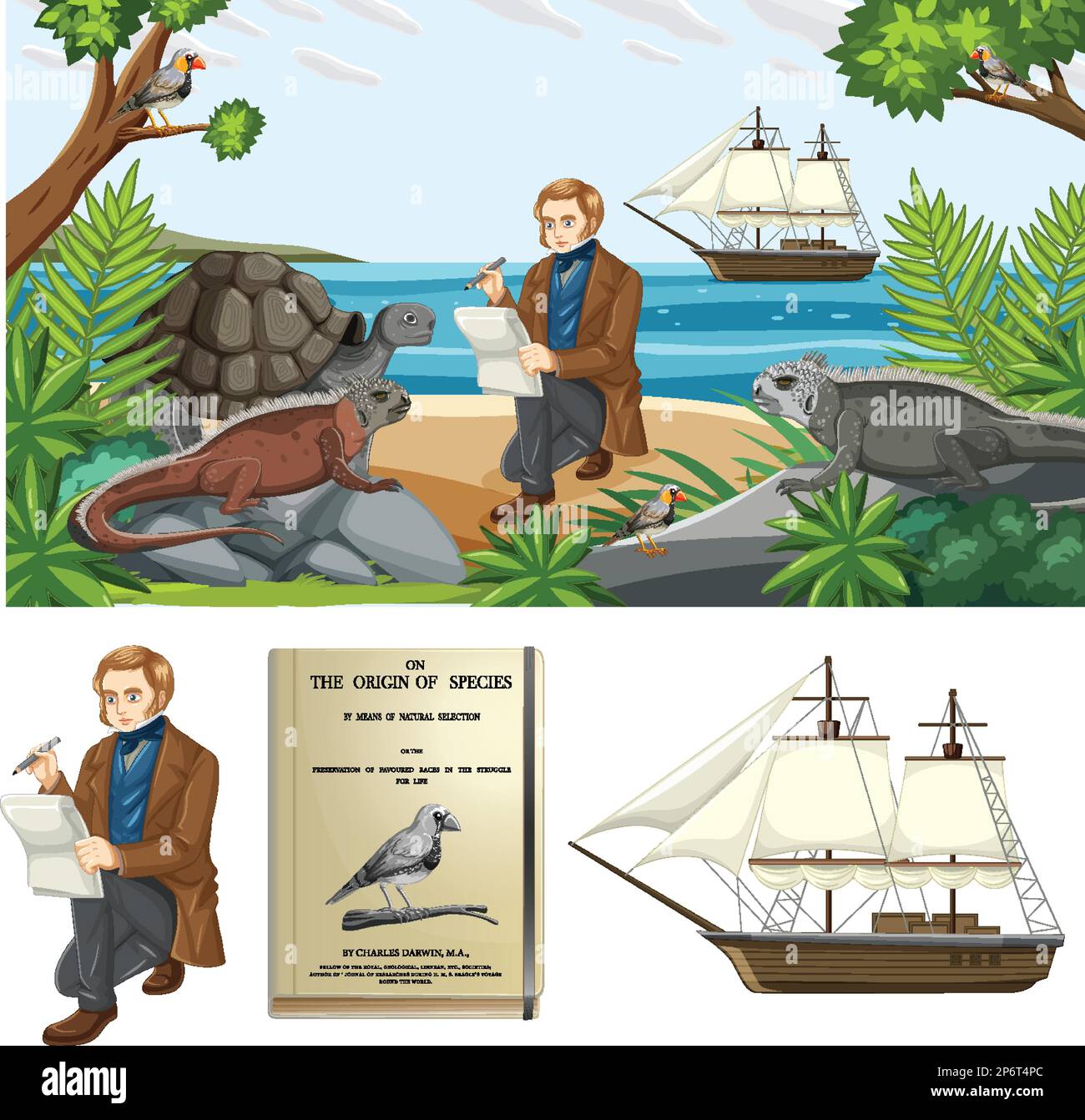 Charles Darwin und die Herkunft des Artenbuchs Stock Vektor