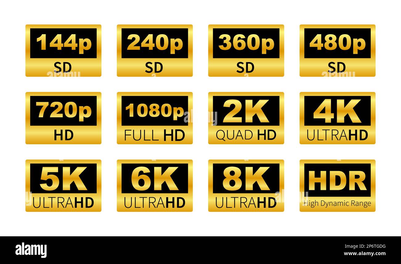 Etiketten für die Videoauflösung. 360 720p 1080p 2k 4K 6k 8k HDR Stock Vektor
