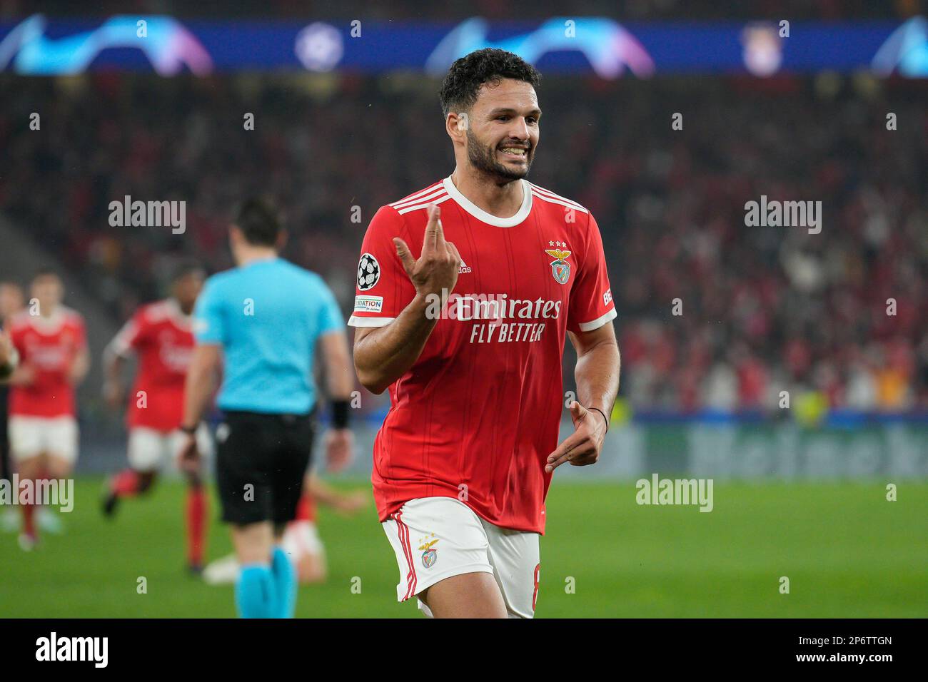 Lissabon, Portugal. 07. März 2023. Goncalo Ramos von SL Benfica feiert in der Runde 16 ein Tor beim 2. Leg UEFA Europa League Fußballspiel zwischen SL Benfica und Clube Brügge KV im Estadio da Luz. Endstand: SL Benfica 5:1 Clube Brugge KV Kredit: SOPA Images Limited/Alamy Live News Stockfoto