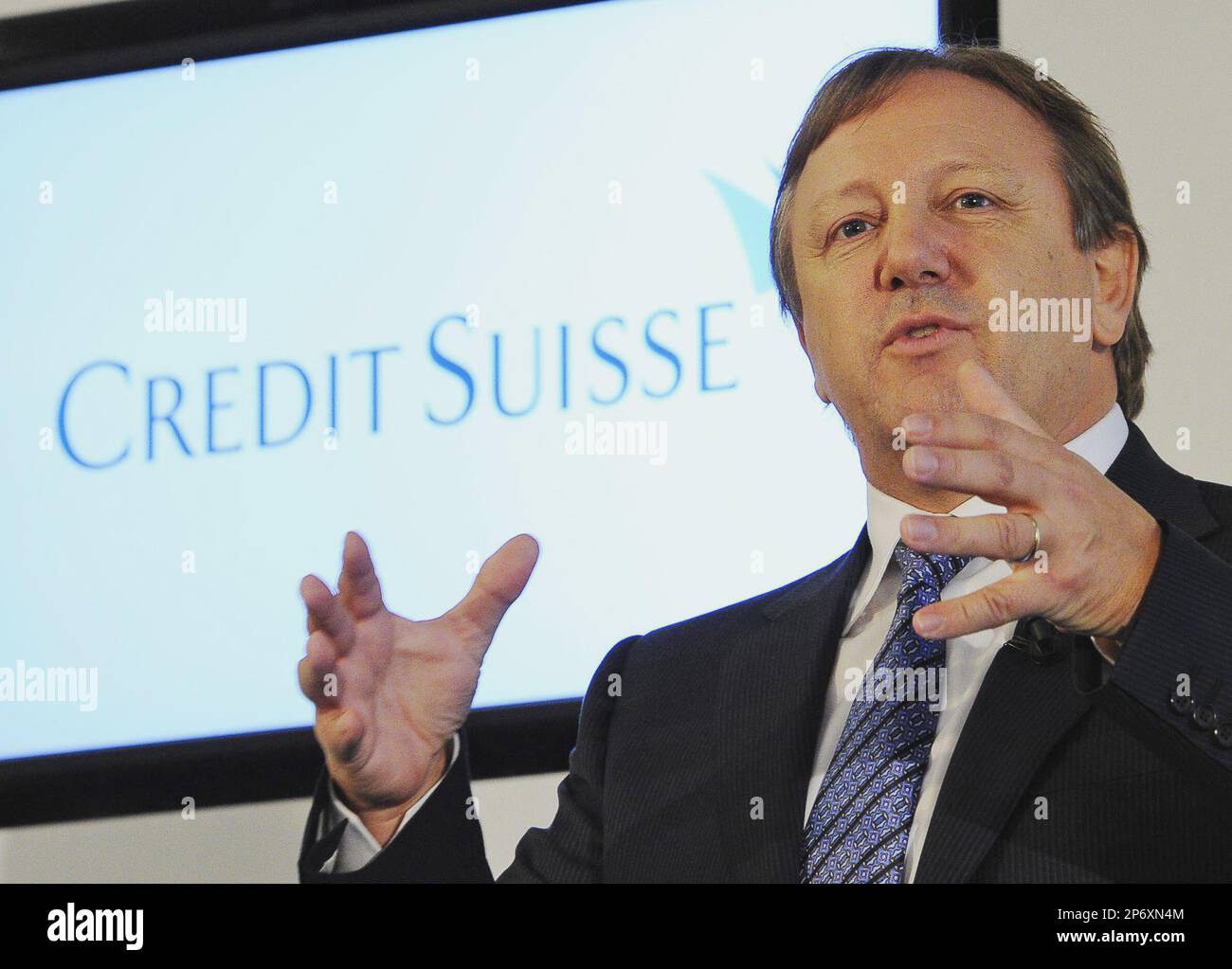 Hans Ulrich Meister, CEO of Credit Suisse, speaks during a news