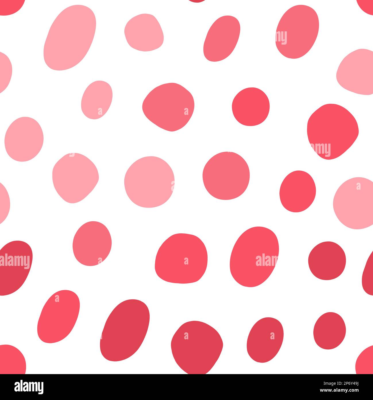 Rosa Ovalen nahtloses Muster. Einfarbige rote Punkte in zufälliger Größe auf weißem Hintergrund. Durchgehender Kreisdruck Stockfoto