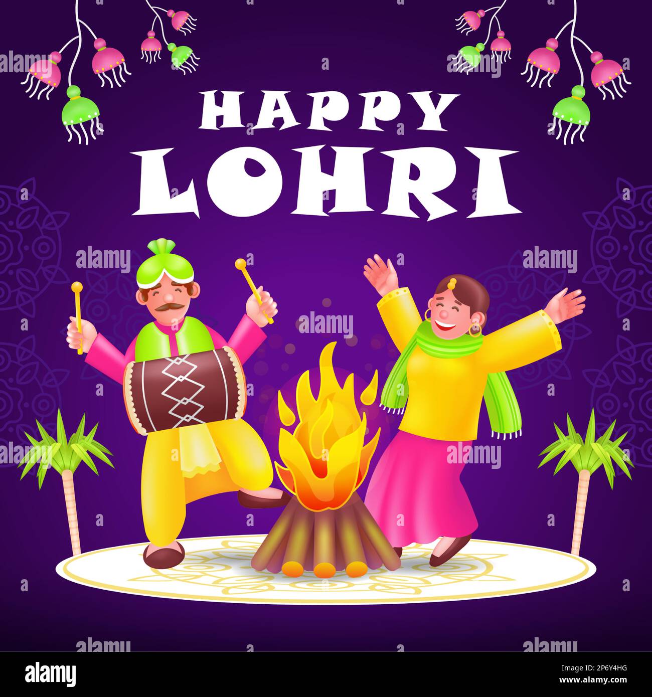 Happy Lohri, 3D-Darstellung von Männern und Frauen, die mitten im Lagerfeuer tanzen Stock Vektor