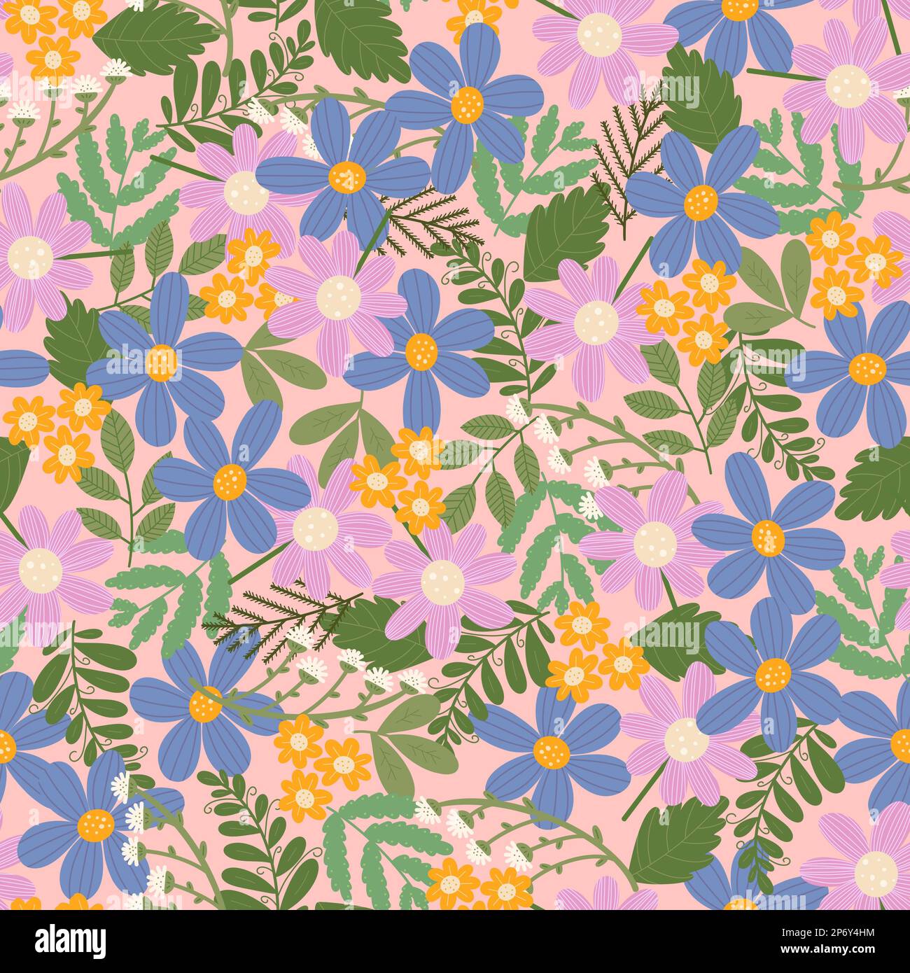 Viele Blumen, nahtloses Muster. Überlappende rosafarbene und blaue Blumen, Blätter auf pinkfarbenem Hintergrund. Süßer durchgehender Blumendruck Stockfoto