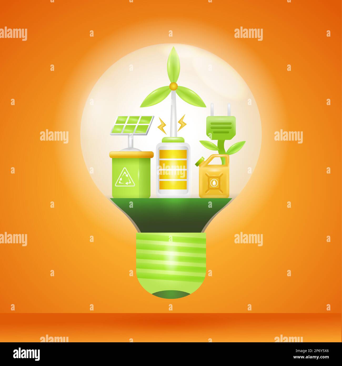 Grüne Energie. 3D Abbildung des Solarmoduls, der Windturbine, der Batterie und der Benzinlampe Stock Vektor