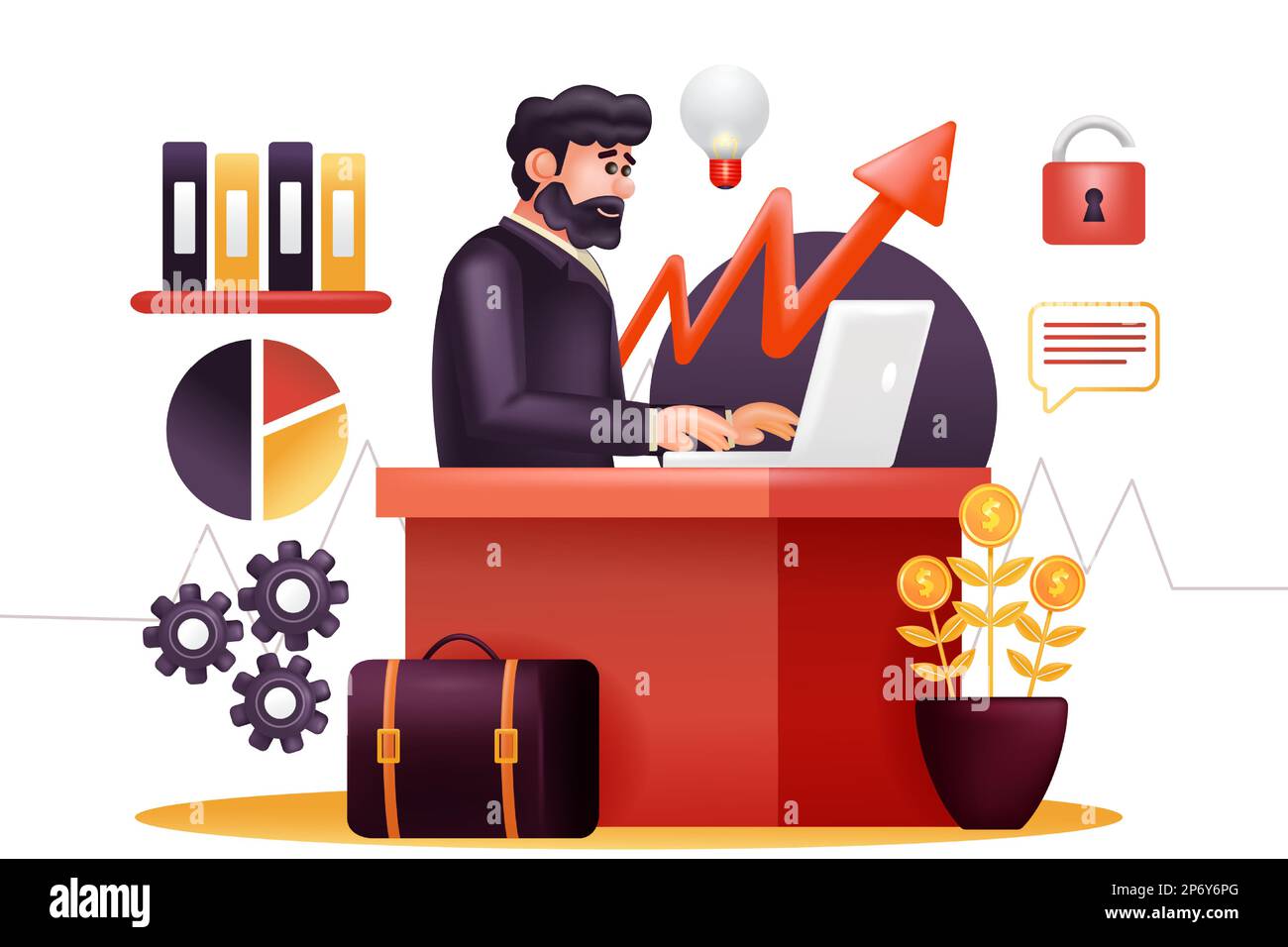Geschäftsstrategie, 3D-Darstellung eines Mannes, der für die Weiterentwicklung des Unternehmens arbeitet Stock Vektor