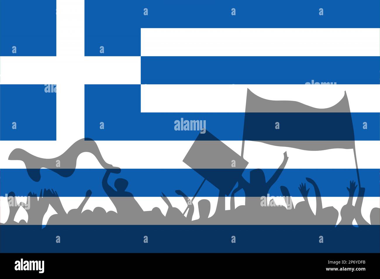 Protest in Griechenland. Kundgebung in Griechenland. Griechenlandflagge und Silhouetten von Personen mit Plakaten. Stockfoto