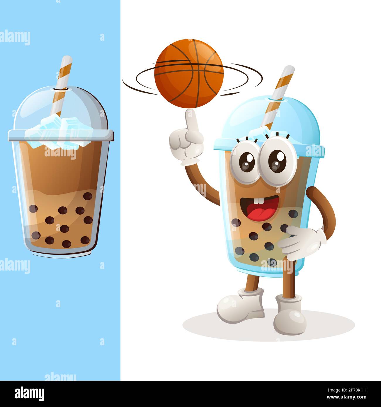 Süßes Bubble Tea Maskottchen spielt Basketball, Freistil mit Ball. Perfekt für Lebensmittelgeschäfte, kleine Unternehmen oder E-Commerce, Merchandise und Aufkleber, Banner Stock Vektor