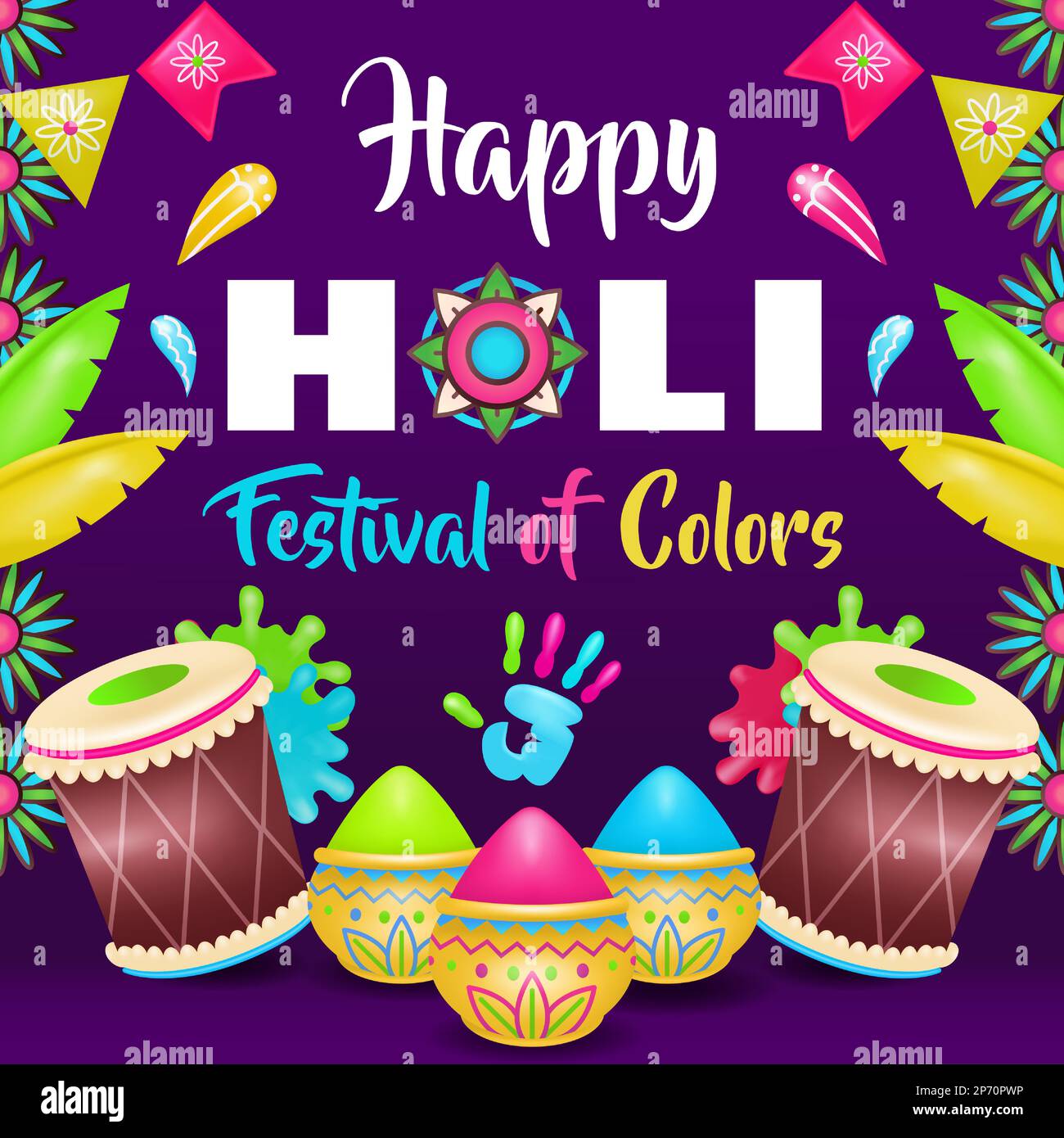 Happy Holi Festival of Colors, Hand and Paint farbenfrohe 3D-Illustration Stock Vektor