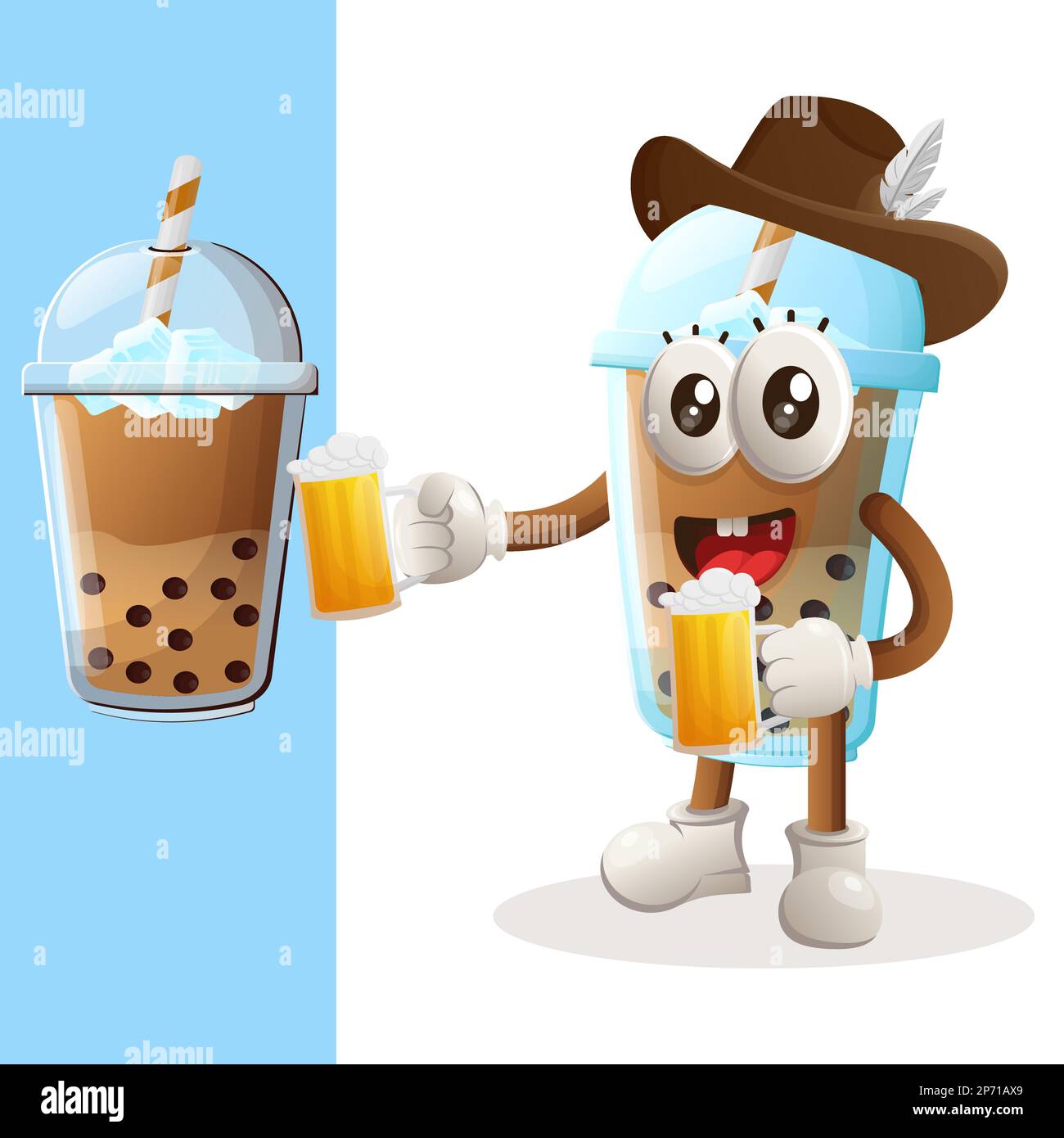 Das niedliche Bubble Tea Maskottchen feiert das oktoberfest mit Bier. Perfekt für Lebensmittelgeschäfte, kleine Unternehmen oder E-Commerce, Merchandise und Aufkleber, Banner Stock Vektor