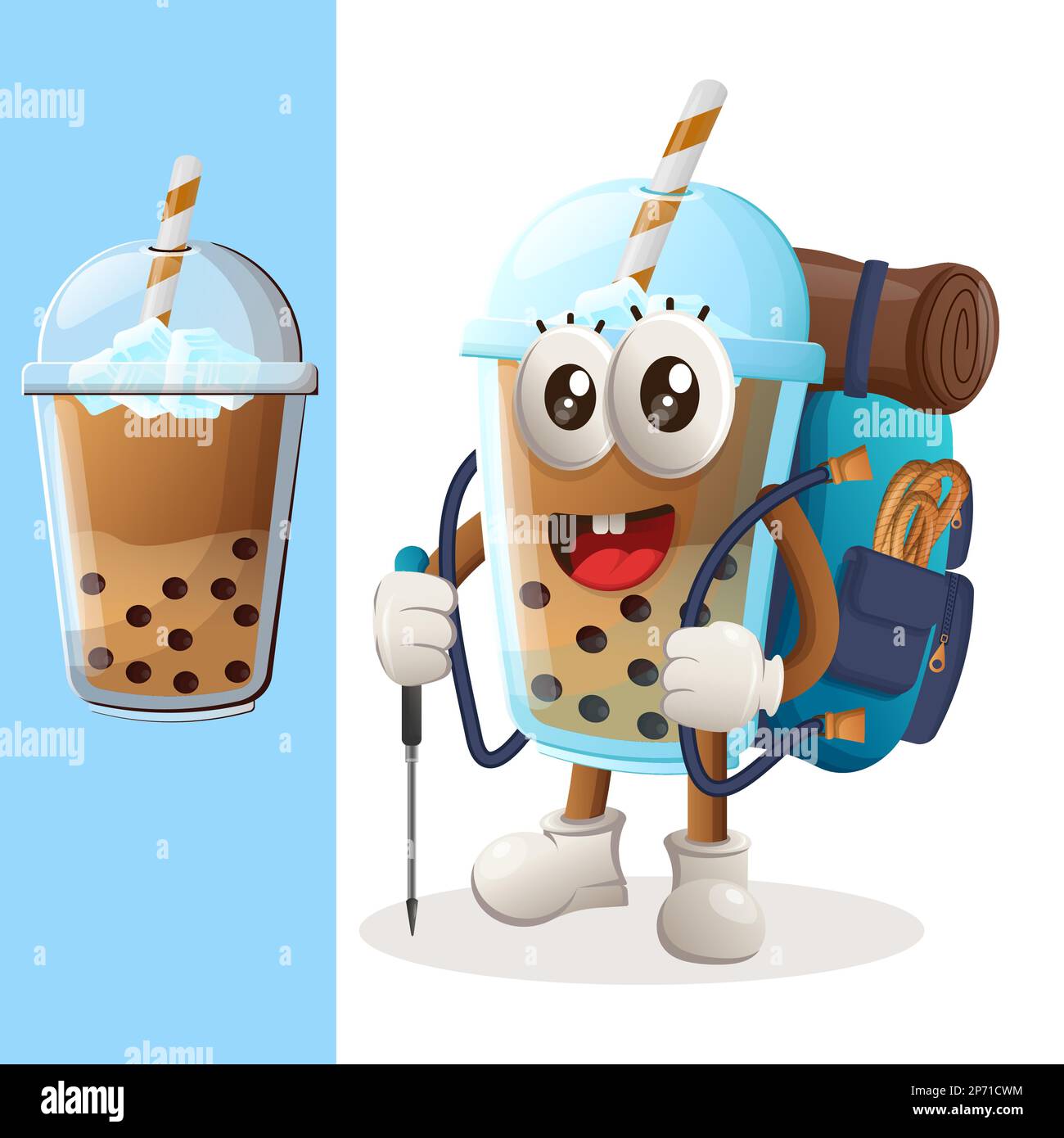 Süßes Bubble Tea Maskottchen Abenteuer Trekking. Perfekt für Lebensmittelgeschäfte, kleine Unternehmen oder E-Commerce, Merchandise und Aufkleber, Werbebanner, Food Revie Stock Vektor