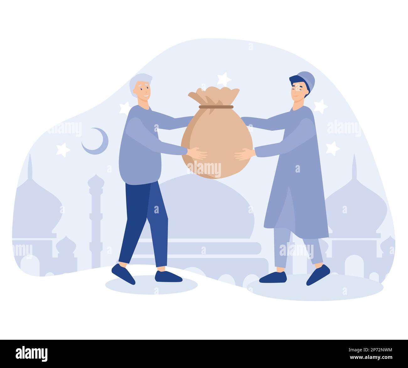 Ramadan Pay Zakat Concept, Ein Muslim, der Zakat an alten Mann gibt, wenn Ramadan Monat, Spende an die andere Person, flacher Vektor moderne Illustration Stock Vektor
