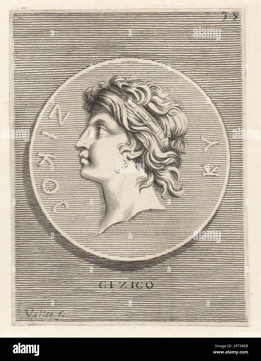 Antiochus IX Eusebes Cyzicenus, Herrscher des hellenistischen Königreiches Seleuzid, König von Syrien, starb 96 v. Chr. Studiert in Cyzicus, einer alten griechischen Stadt in Mysia in Anatolien (jetzt Aydıncıḳ, Türkei). Der Kopf eines jungen Mannes, der ein königliches Diadem trägt. Cizico. Copperplate-Gravur von Guillaume Vallet nach Giovanni Angelo Canini aus Iconografia, cioe disegni d'imagini de Famosissimi monarchi, would, filososi, poeti ed oratori dell' Antichita, Zeichnungen von berühmten Monarchen, Königen, Philosophen, Dichtern und Ignarern von Rom, 1699. Stockfoto