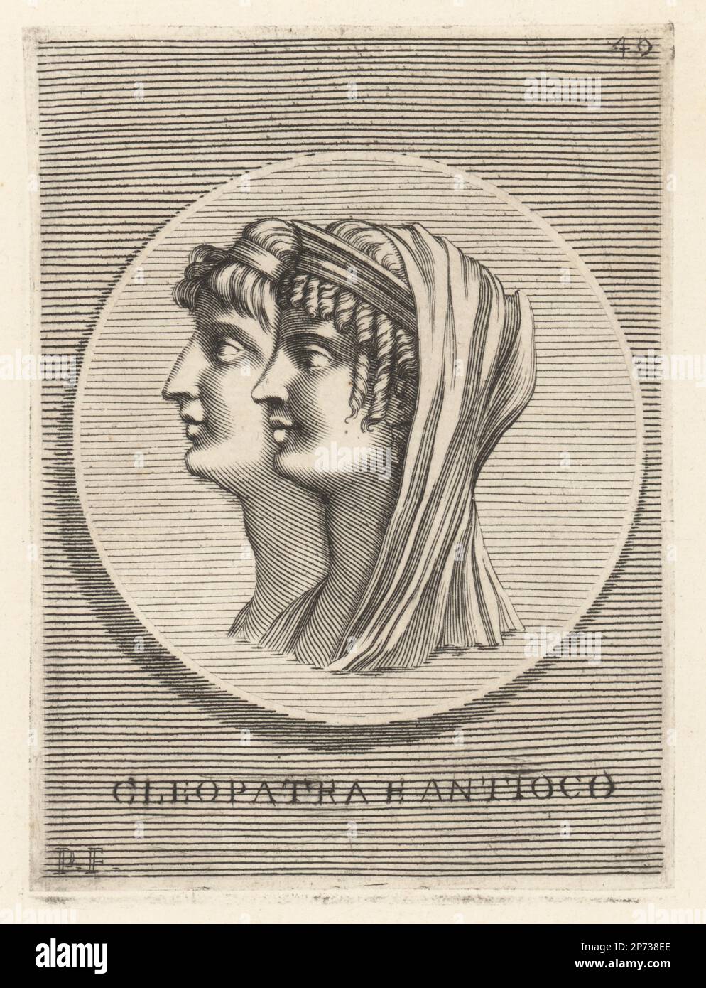 Kleopatra Thea und ihr Sohn Antiochus VIII, Herrscher des Seleuzid-Reiches. Cleopatra Thea, genannt Eueteria, Herrscher des Hellenistischen Seleuzid-Reiches, c. 164-121 v. Chr. Antiochus VIII Epiphane, Spitzname Grypus, Herrscher des Hellenistischen Seleuzid-Reiches von 125 bis 96 v. Chr. Frau mit Locken im königlichen Diadem und Schleier, Jugend im königlichen Diadem. Kleopatra e Antioco. Kupferplatten-Gravur von Etienne Picart nach Giovanni Angelo Canini aus Iconografia, cioe disegni d'imagini de Famosissimi monarchi, ¥, filososi, poeti ed oratori dell' Antichita, Zeichnungen von berühmten Monarchen, Königen, Philosophen Stockfoto