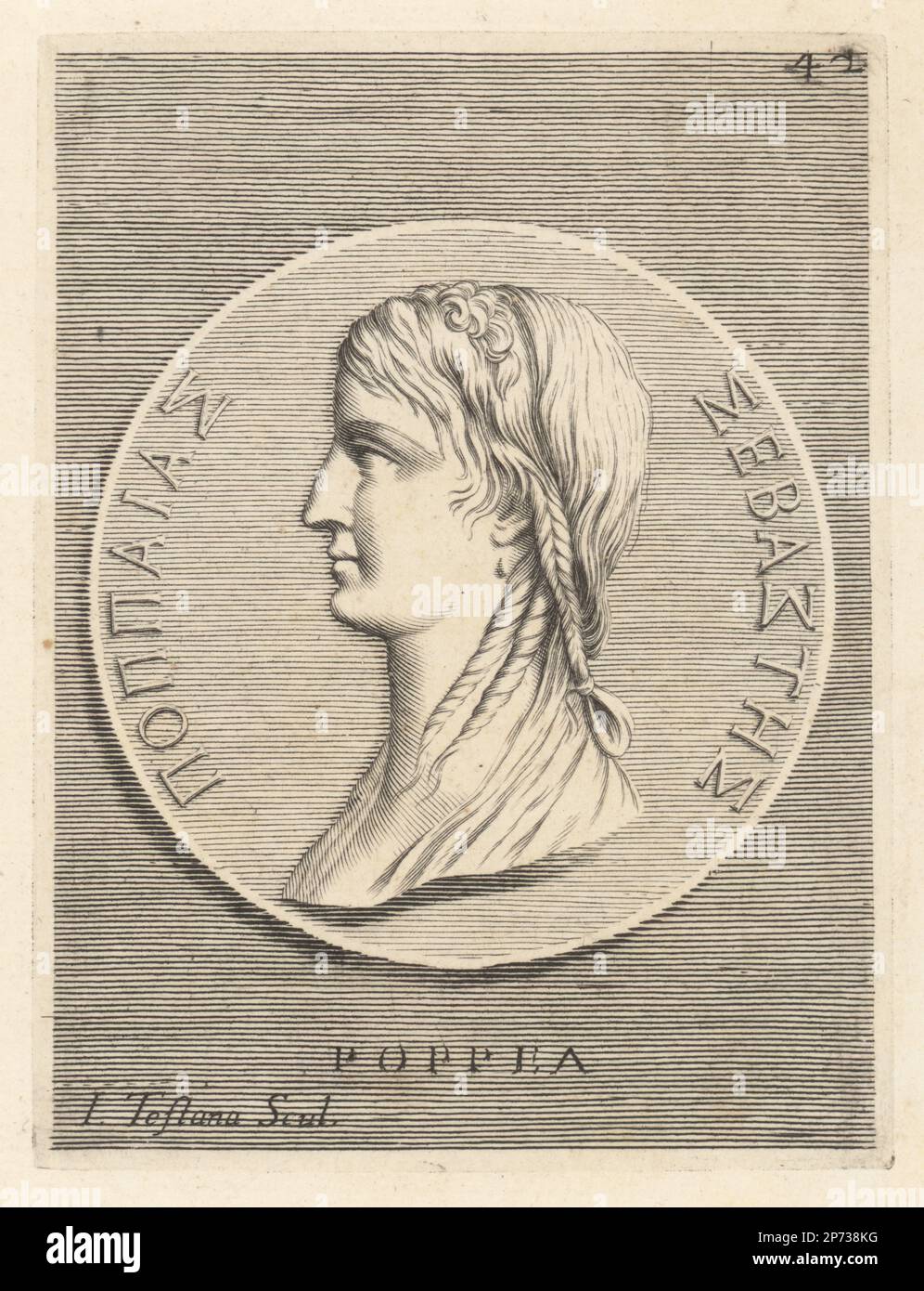 Poppaea Sabina oder Ollia, Tochter von Titus Ollius, heiratete Rufruius Crispinus, den Kopf der Claudius Prätorianischen Garde, und dann Otho, einen Unterstützer und Freund von Nero. Wurde Kaiser Neros Geliebter und dann seine Frau. Kopfbügel einer Frau mit Haaren in Zöpfen von einer Tetradrachm-Münze. Poppea. Copperplate-Gravur von Joseph Testana nach Giovanni Angelo Canini aus Iconografia, cioe disegni d'imagini de famosissimi monarchi, ¥, filososi, poeti ed oratori dell' Antichita, Zeichnungen von berühmten Monarchen, Königen, Philosophen, Dichtern und Rednern der Antiquität, Rom, 1699. Stockfoto