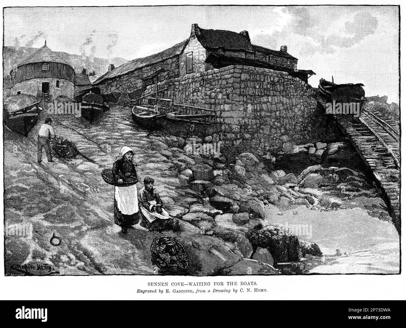 Gravur einer jungen Frau, die darauf wartet, dass die Fischerboote nach Sennen Cove, etwa 1880, zurückkehren Stockfoto