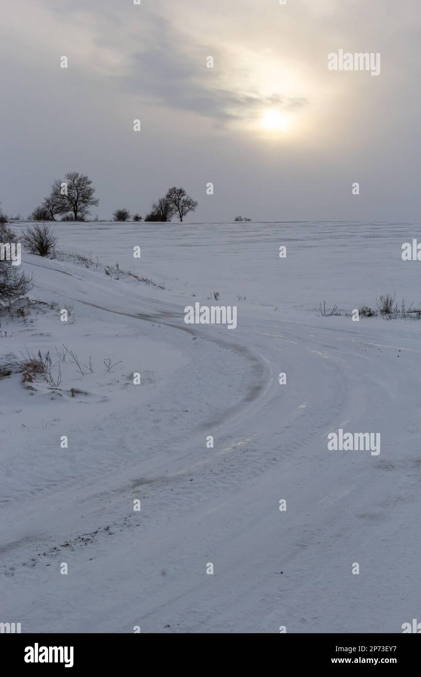 Eine Straße durch die schneebedeckten Landfelder bei Sonnenuntergang. Sonniger Wintertag. Stockfoto