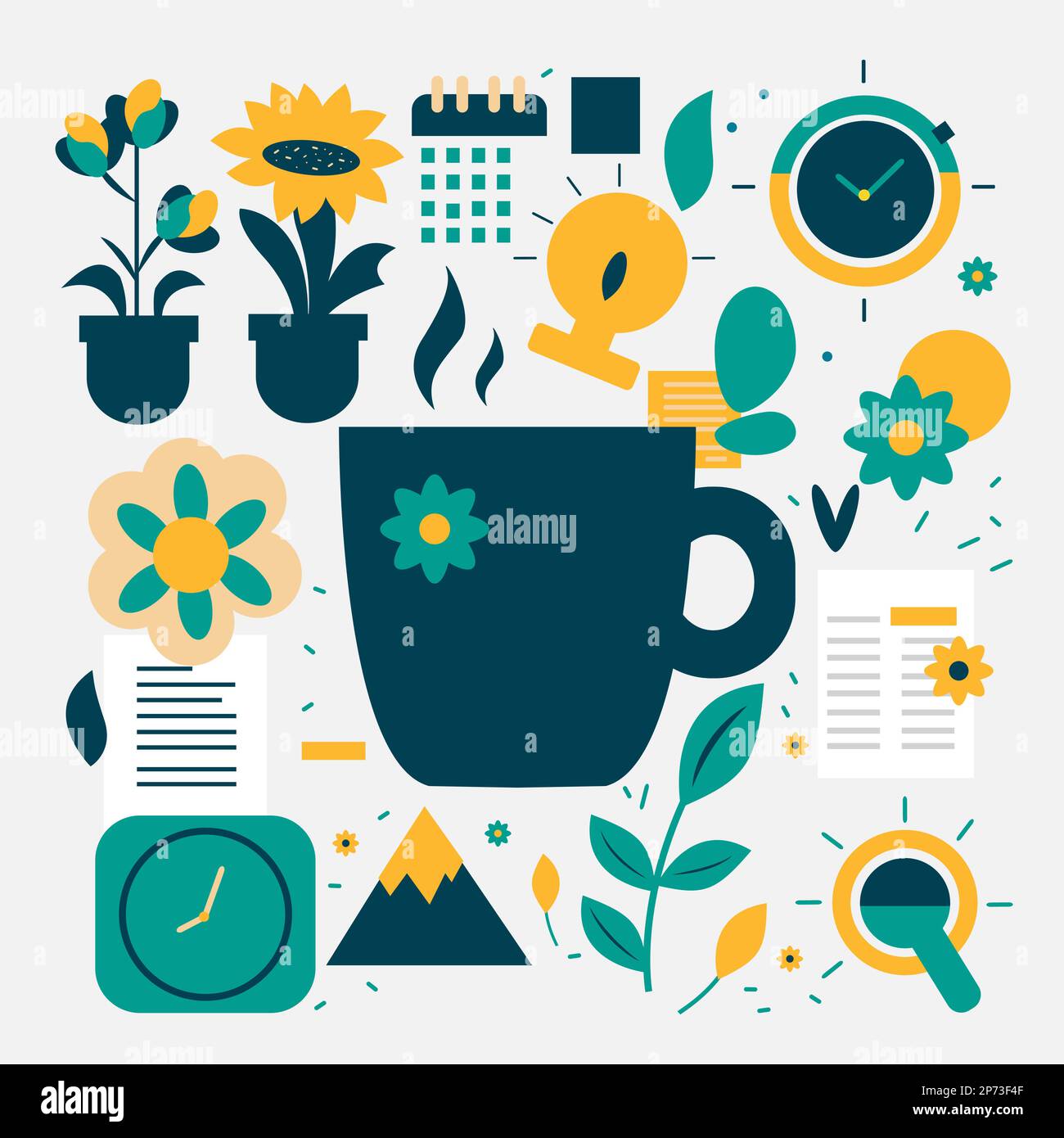Set mit verschiedenen flachen Symbolen für entspannende Arbeit. Coole Illustration einer Kaffeetasse, Uhren, Pflanzen und Blumen in Blau-, Gelb- und Grüntönen Stock Vektor