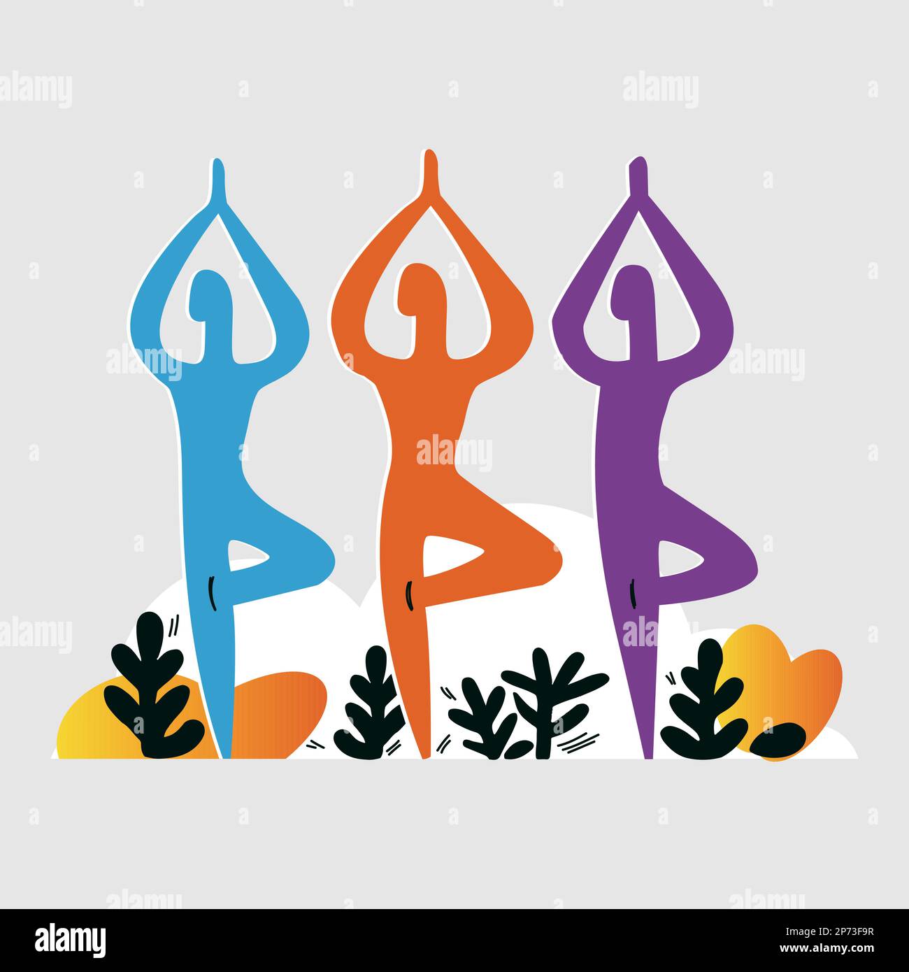 Abstrakte Zeichnung mit flachem Design von drei Personen, die Yoga und Dehnübungen im Freien durchführen. Stock Vektor