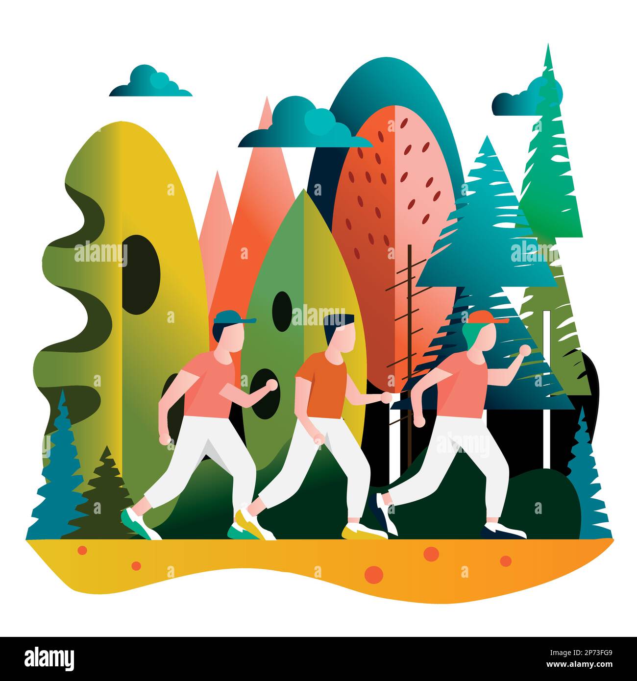 Abstrakte Zeichnung mit flachem Design von drei Personen, die im Freien Sport treiben. Drei Läufer, die mitten im Wald trainieren. Stock Vektor