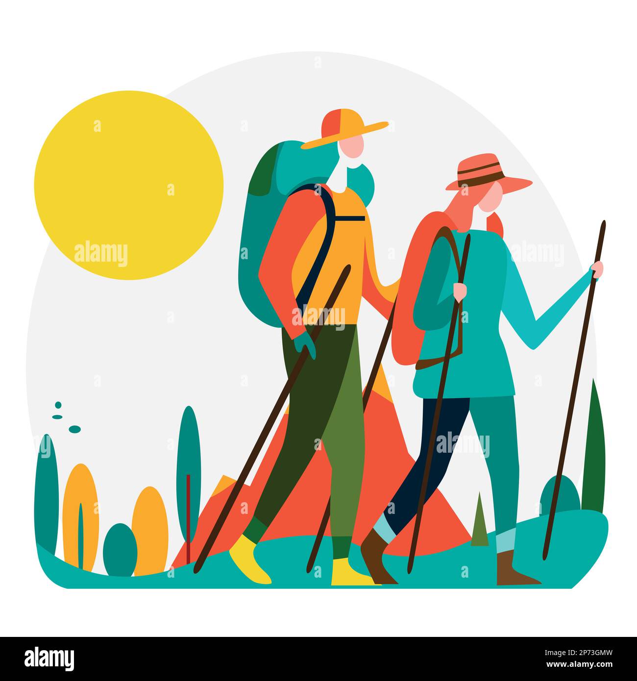Wunderschöne und farbenfrohe abstrakte Darstellung von Wanderern auf einem Waldweg. Gesunde Outdoor-Aktivität und Bewegung verbessert körperliche und mentale Stock Vektor