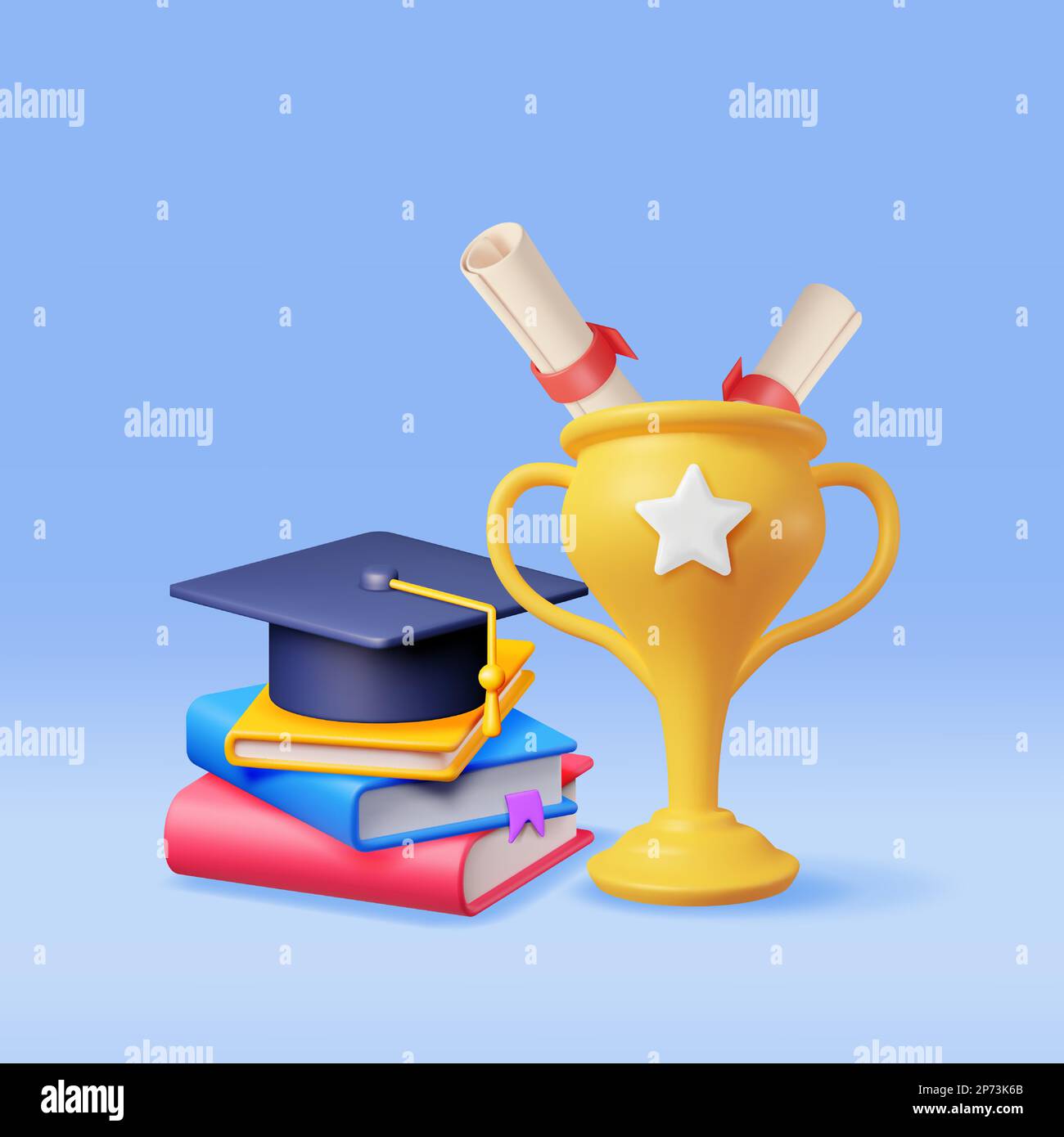 3D Goldtrophäe, Bücherstapel und Graduationsmappe Stock Vektor