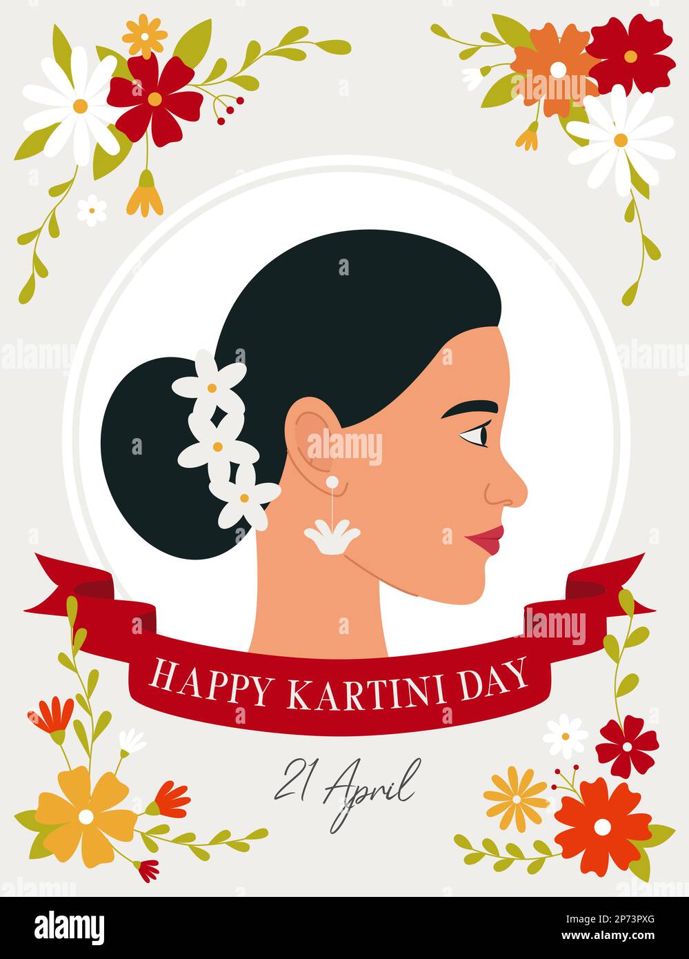 Einen schönen Kartini-Tag. Profil einer dunkelhaarigen Frau, umgeben von Blumen. Ein indonesischer Feiertag. Kartini ist eine indonesische Heldin. Flachvektor illustr Stock Vektor