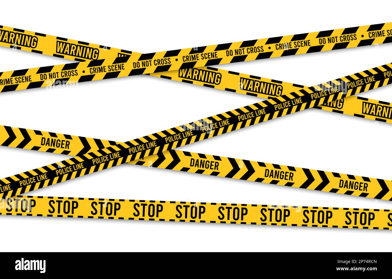 Warnband. Gelbe Streifen am Polizeiort, Kennzeichnung der Gefahrenzone und Sicherheitsgrenzschild, Elemente des Unfallumkreises. Vektorsatz Stock Vektor
