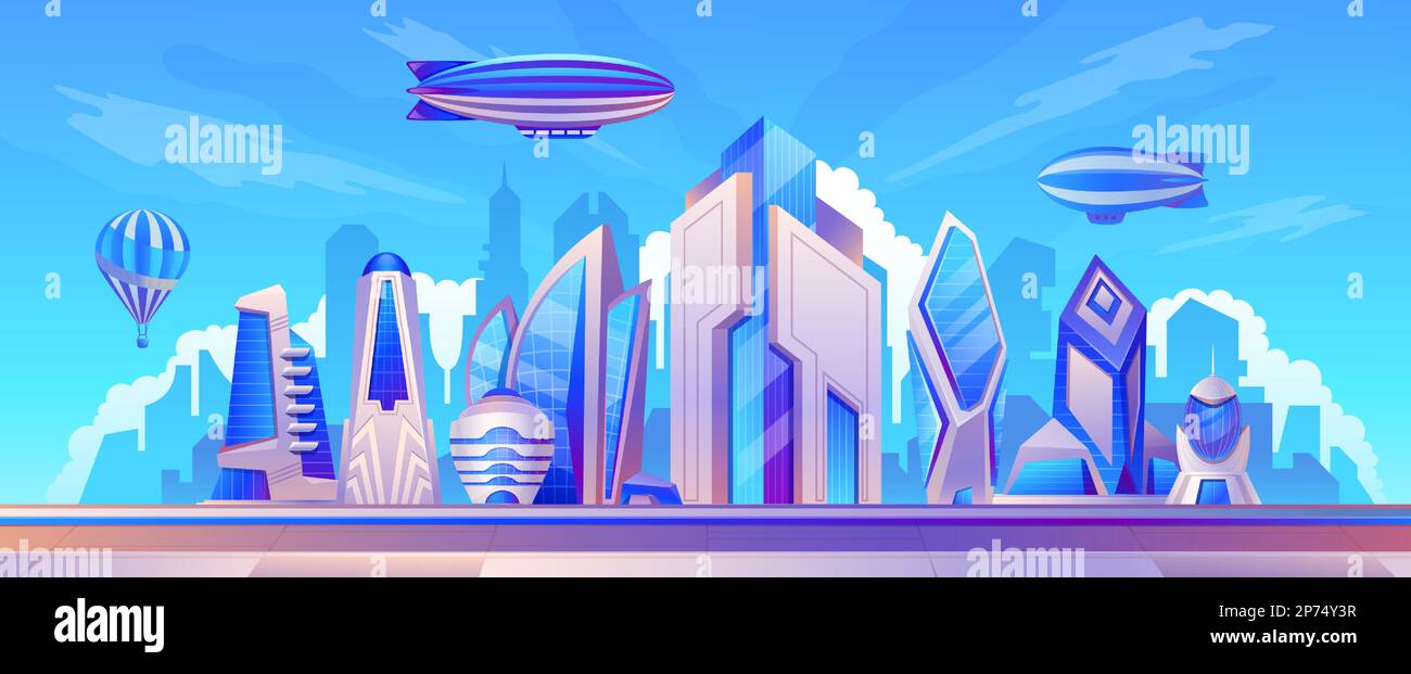 Luftschiffslandschaft. Futuristische Stadt mit Luftkissenschiffen über Wolkenkratzern, Aerostat am Horizont, Megapolis Panorama. Vektordarstellung Stock Vektor