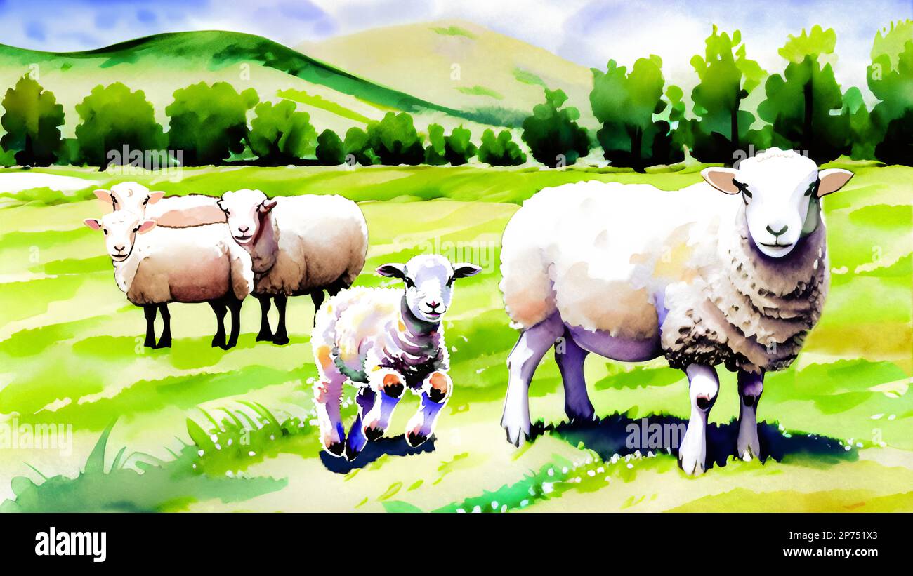 Eine Gruppe Schafe auf einer Wiese mit Wildblumen. Ein Lamm springt fröhlich herum. Handgemalte Aquarelle auf Aquarellpapier als Vektor. Stock Vektor