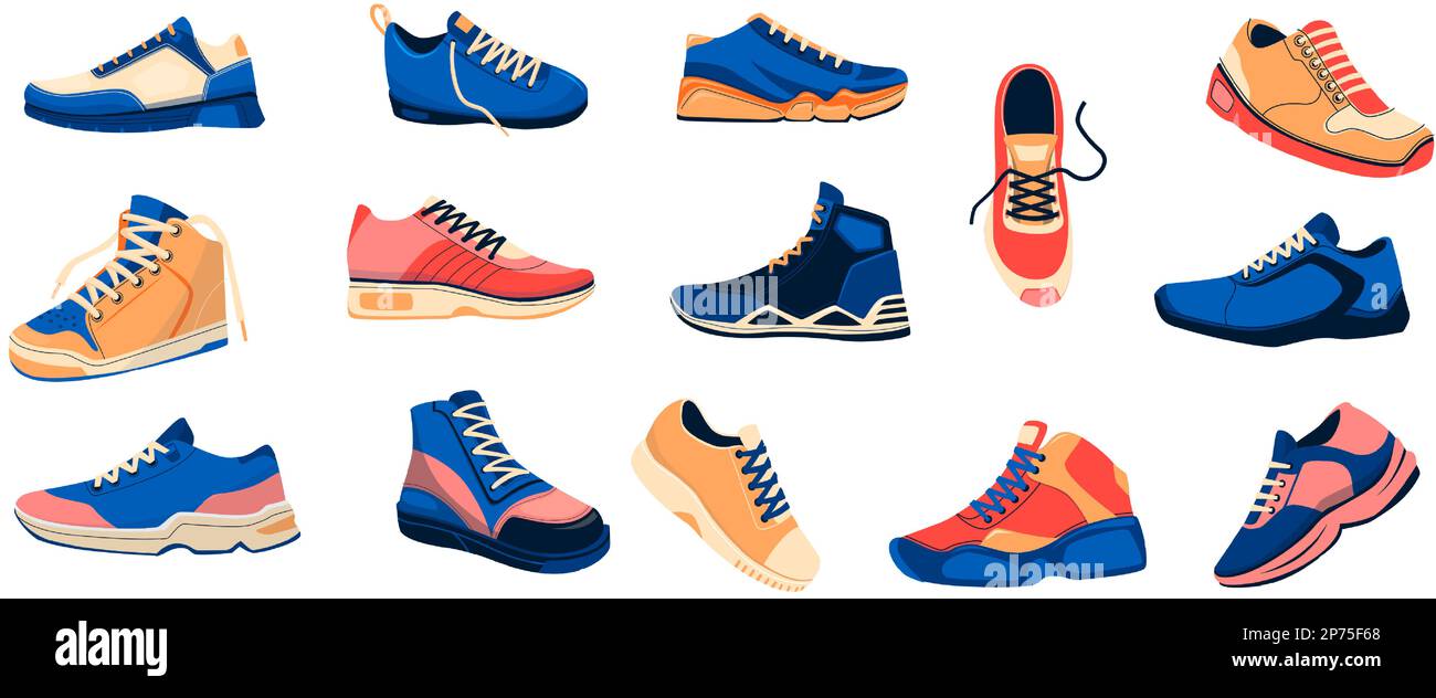 Sneaker für Herren. Mode bequeme Schuhe für Herren, ein Paar Sportschuhe und Fitnessschuhe, trendige Freizeit Sportbekleidung flacher Stil. Vektor-Cartoon-Set Stock Vektor