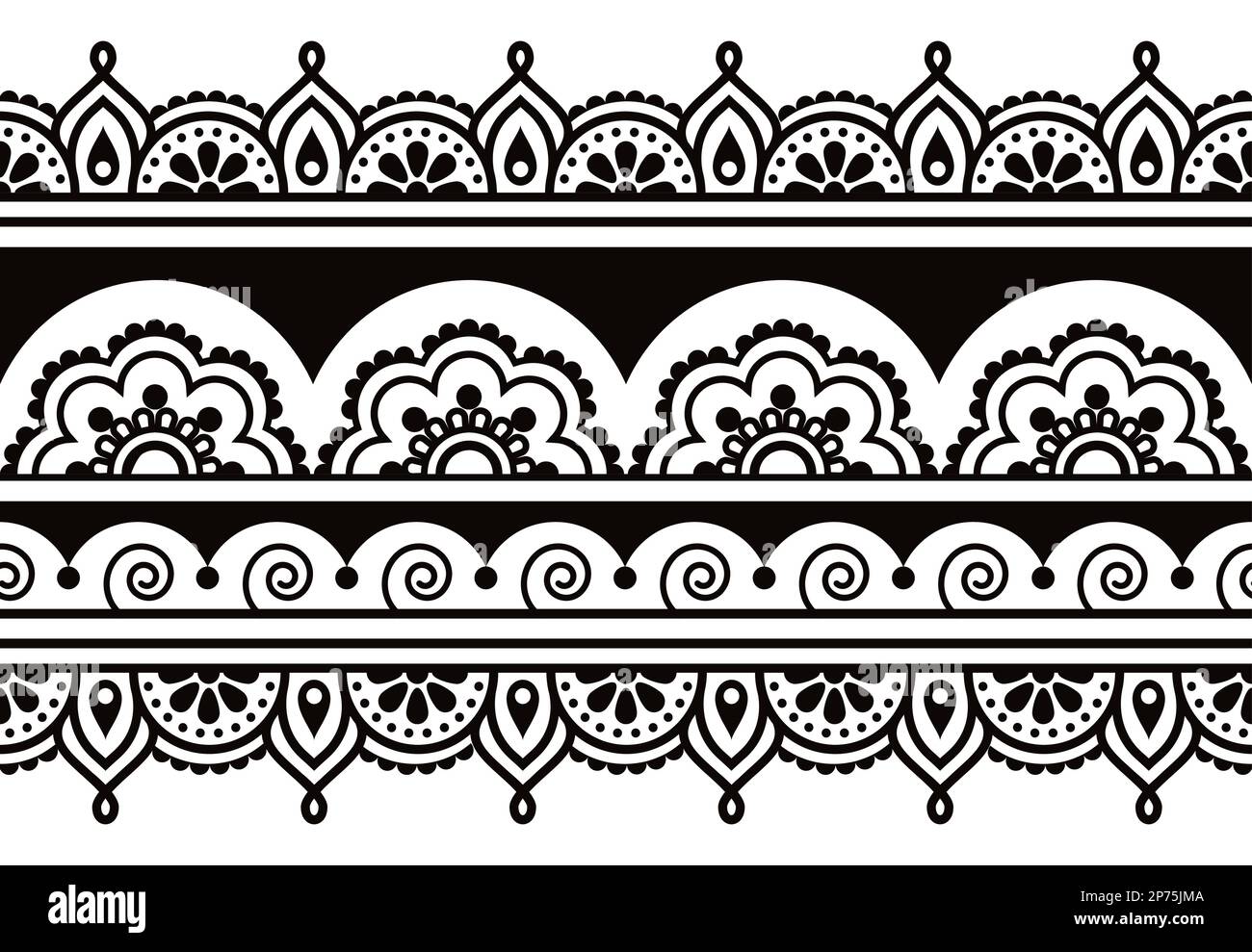 Vom indischen Mehndi-Tattoo-Stil inspiriertes Vektormuster in Schwarz und Weiß mit Wirbeln und Blumen Stock Vektor