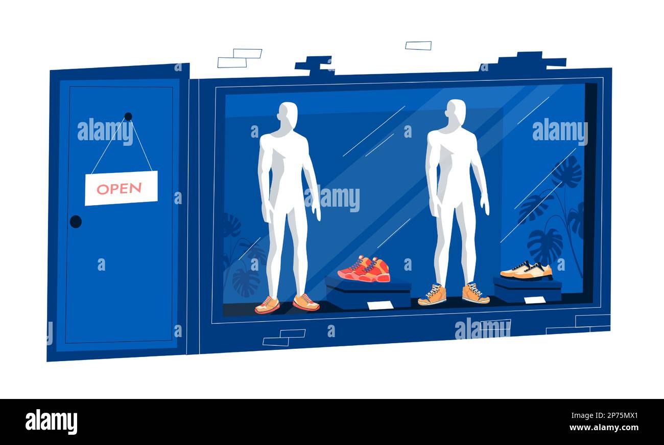 Schuh-Showcase. Cartoon-Boxen mit stilvollem Schuhwerk im Schaufenster, Beine mit Schaufensterpuppe in modischen Stiefeln, Verkaufskonzept. Vektor Stock Vektor