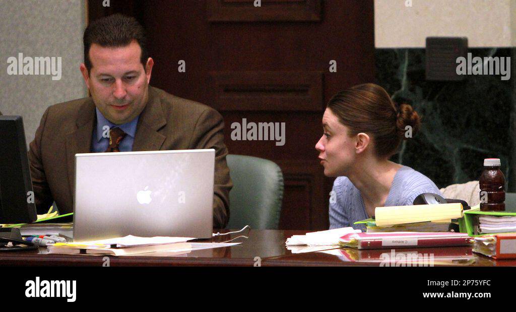 Casey Anthony talks to defense attorney Jose Baez during her trial