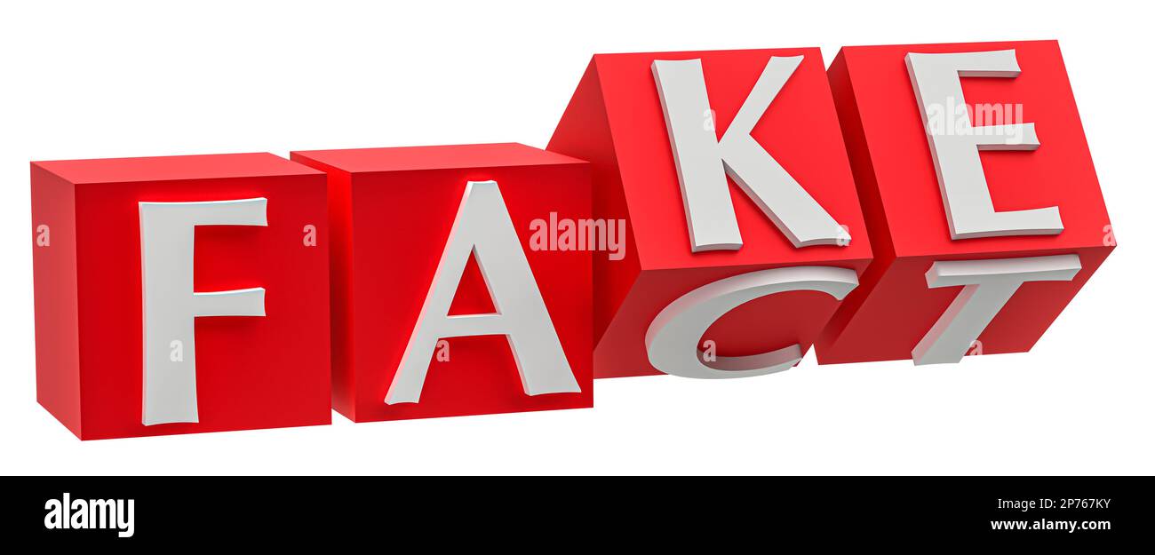 Würfel mit Buchstaben werden umgedreht, und die Wörter ändern sich von FAKT zu FAKE Stockfoto