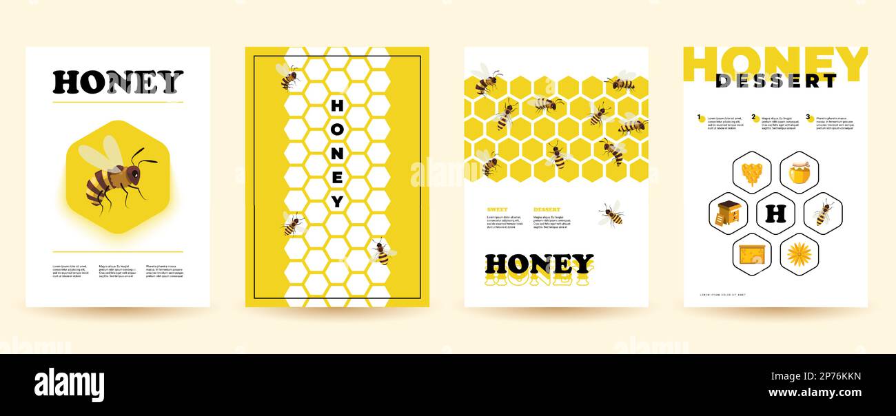 Honigflieger. Cartoon-Poster mit Bienenwaben-Bienenstock, natürliche Bienenzuchtprodukte für das Branding. Vektorsatz Stock Vektor