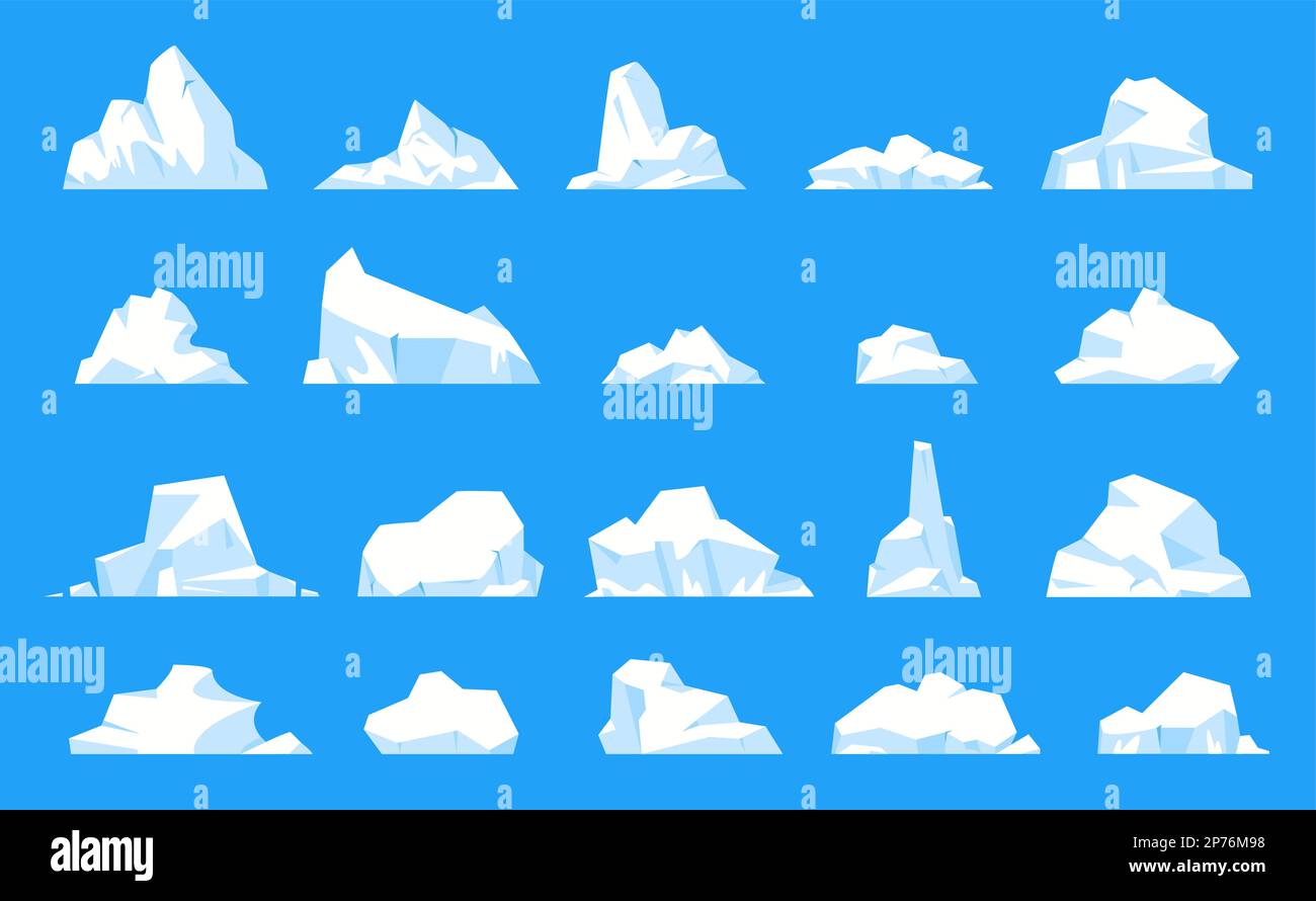 Eisbergsammlung. Schwimmender Eisberg, Cartoon-Gletscher im arktischen Ozean oder in der Nordsee, gefrorenes polares Gletscherfragment, das eisigen Felsgipfel schmilzt Stock Vektor