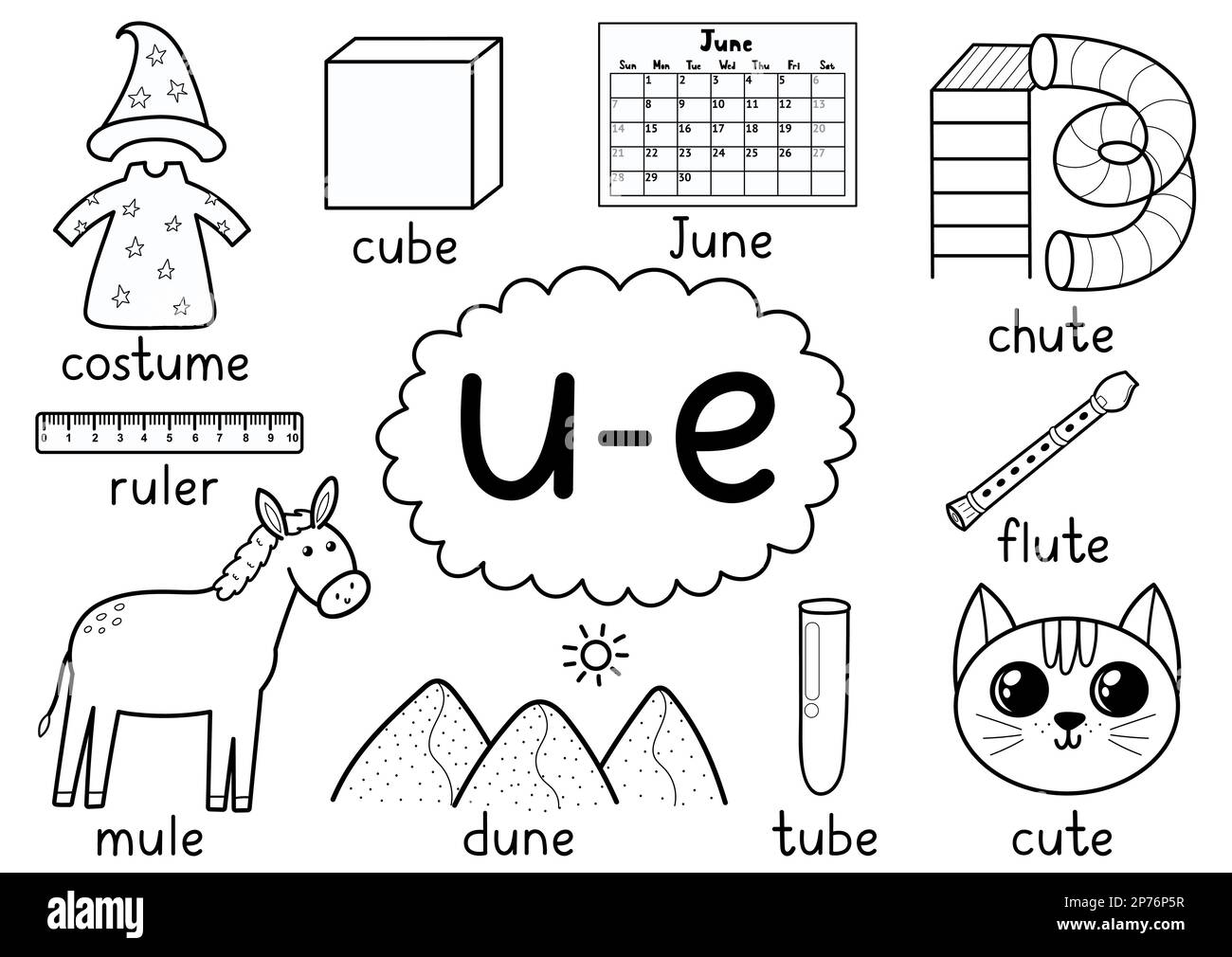 U-E-Digraph Rechtschreibregel schwarz-weiß lehrreiches Poster für Kinder mit Wörtern Stock Vektor