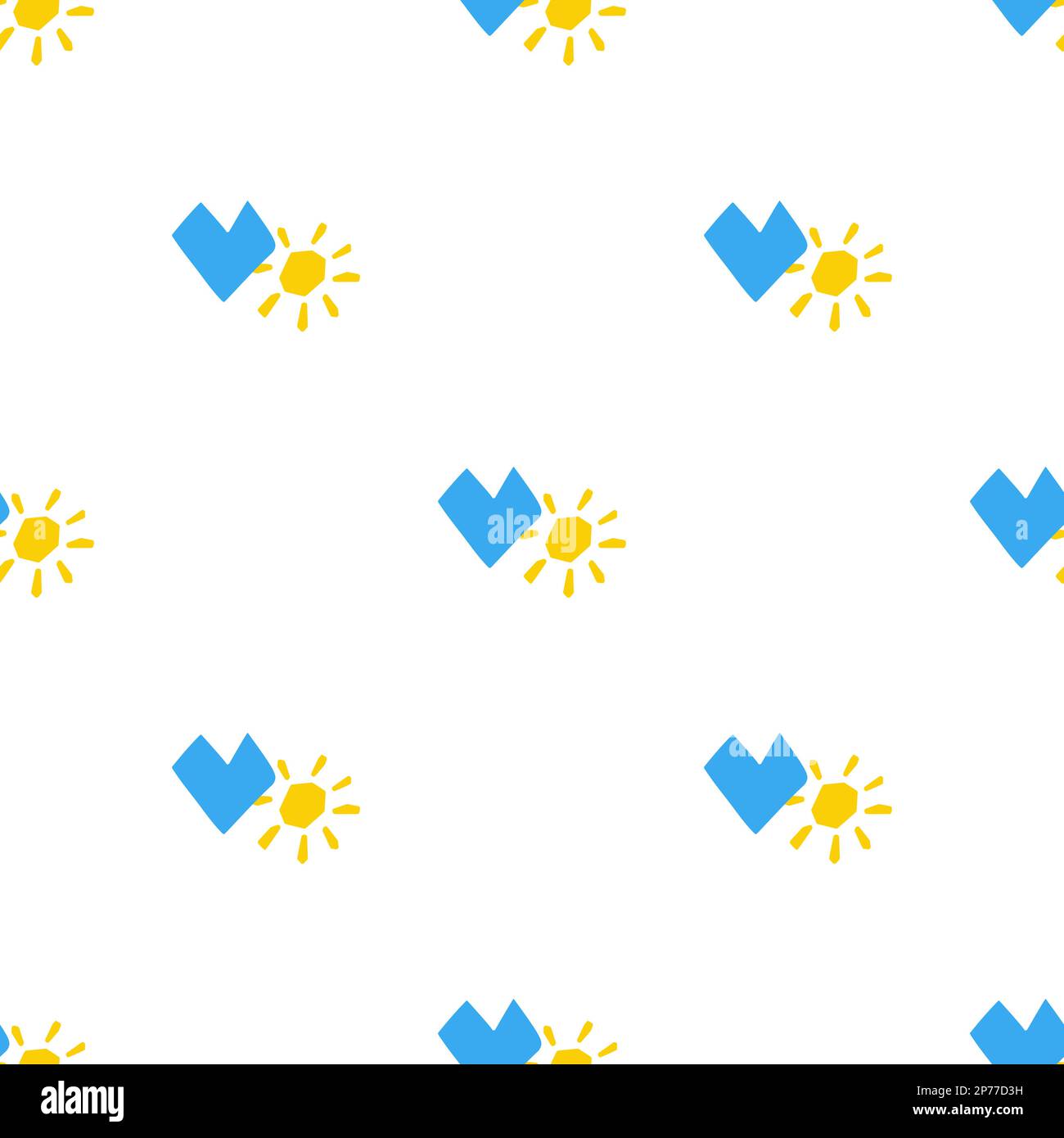 Nahtloses Muster mit Symbol Herz und Sonne Illustration in blauer gelber Farbe auf weißem Hintergrund Stock Vektor